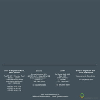 Goiânia
Av. das Indústrias, 601
Qd 151 - lt 47 - Salas 301 e 302
Setor Santa Genoveva -
Goiânia-GO
CEP: 74670-600
+55 (62) 3945-6300
Cuiabá
Av. Miguel Sutil, 8000
Sala 1805
Jardim Mariana -
Cuiabá-MT
CEP: 78040-400
+55 (65) 3025-6399
www.aliancadaterra.org.br
Facebook / aliancadaterra - Twitter @aliancadaterra
Base da Brigada em Novo
Santo Antônio
Rua M, S/N - Extensão Rural
Bacaba - Centro -
Fazenda Rancho Jatobá
Novo Santo Antônio-MT
CEP: 78674-000
+55 (66) 3548-1026
+55 (66) 8436-1552
+55 (66) 8434-1152
Base da Brigada em Bom
Jesus do Araguaia
Assentamento Bordolândia
+55 (66) 8434-1153
 