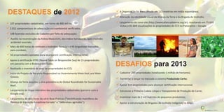 ü 107 propriedades cadastradas, em torno de 400 mil ha;
ü Mais de 600 horas de combate a incêndios florestais e 60 brigadistas treinados
para combate;
ü Lançamento de dois livros da série Boas Práticas ("Identificando mamíferos da
floresta de transição Amazônia-Cerrado" e "Defensivos agrícolas");
ü Aliança da Terra assumiu a vice-presidência do Global Roundtable for Sustainable
Beef;
ü Início do Projeto de Pecuária Responsável no Assentamento Mata Azul, em Mato
Grosso;
ü Lançamento de mapa interativo das propriedades cadastradas (parceria com a
Google.org);
ü Realizado o inventário de aves de propriedades do CCS;
ü Apoio à certificação RTRS (Round Table on Responsible Soy) de 15 propriedades
em parceria com a Biobrasil em Goiás;
ü Auxílio na reconstrução da Aldeia Mawutsini, dos índios Kamayurás, após incêndio
acidental ocorrido;
DESTAQUES 2012de
ü Cadastrar 200 propriedades (totalizando 1 milhão de hectares);
ü Apoiar a estruturação de Brigadas de incêndio indígenas no Xingu.
ü Inseminar mais de 2 mil matrizes de pequenos produtores;
ü Estruturar a Primeira Cadeia Limpa e Transparente de Produção de Carne;
ü Apoiar 110 propriedades para alcançar certificação internacional;
ü Fomentar e lançar no mercado o sistema Produzindo Certo;
ü Alteração da identidade visual da Aliança da Terra e da Brigada de Incêndio;
ü Lançamento do novo site (http://www.aliancadaterra.org.br), resultando em 75.620
visitas e 85.668 visualizações às propriedades do CCS no Panoramio – Google.
ü A Organização foi mencionada em 115 matérias em mídia espontânea;
DESAFIOS para 2013
ü 2.011 compromissos de adequação socioambiental verificados;
ü 56 propriedades apoiadas para alcançarem certificação internacional;
ü 108 fazendas excluídas do Cadastro por falta de adequação;
 