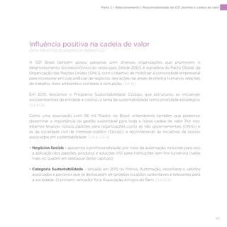 101
Influência positiva na cadeia de valor
[DMA IMPACTOS ECONÔMICOS INDIRETOS]
A GS1 Brasil também possui parcerias com diversas organizações que promovem o
desenvolvimento socioeconômico do nosso país. Desde 2003, é signatária do Pacto Global, da
Organização das Nações Unidas (ONU), com o objetivo de mobilizar a comunidade empresarial
para incorporar, em suas práticas de negócios, dez ações nas áreas de direitos humanos, relações
de trabalho, meio ambiente e combate à corrupção. [G4-15]
Em 2015, lançamos o Programa Sustentabilidade Código, que estruturou as iniciativas
socioambientais da entidade e colocou o tema da sustentabilidade como prioridade estratégica.
[G4-EC8]
Como uma associação com 58 mil filiados no Brasil, entendemos também que podemos
disseminar a importância da gestão sustentável para toda a nossa cadeia de valor. Por isso,
estamos levando nossos padrões para organizações como as não governamentais (ONGs) e
as da sociedade civil de interesse público (Oscips), e reconhecendo as iniciativas de nossos
associados em sustentabilidade: [G4-8, G4-9]
• Negócios Sociais – apoiamos a profissionalização por meio da automação, incluindo para isso
a aplicação dos padrões, produtos e soluções GS1, para instituições sem fins lucrativos (saiba
mais no quadro em destaque deste capítulo);
• Categoria Sustentabilidade – lançada em 2015 no Prêmio Automação, reconhece e valoriza
associados e parceiros que se destacaram em projetos ou ações sustentáveis e relevantes para
a sociedade. O primeiro vencedor foi a Associação Amigos do Bem. [G4-EC8]
Parte 2 – Relacionamento | Responsabilidade da GS1 perante a cadeia de valor
 