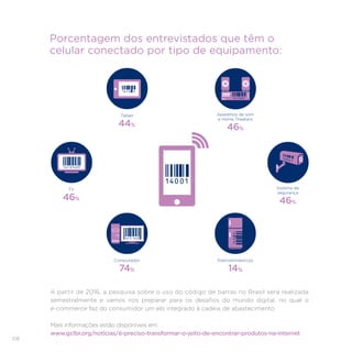 108
Porcentagem dos entrevistados que têm o
celular conectado por tipo de equipamento:
A partir de 2016, a pesquisa sobre o uso do código de barras no Brasil será realizada
semestralmente e vamos nos preparar para os desafios do mundo digital, no qual o
e-commerce faz do consumidor um elo integrado à cadeia de abastecimento.
Mais informações estão disponíveis em:
www.gs1br.org/noticias/é-preciso-transformar-o-jeito-de-encontrar-produtos-na-internet
Computador
74%
Eletrodomésticos
14%
TV
46%
Sistema de
segurança
46%
Tablet
44%
Aparelhos de som
e Home Theaters
46%
 