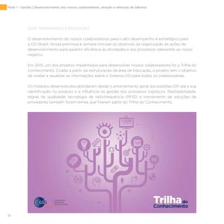 36
[DMA TREINAMENTO E EDUCAÇÃO]
O desenvolvimento de nossos colaboradores para o alto desempenho é estratégico para
a GS1 Brasil. Nossa premissa é sempre vincular os objetivos da organização às ações de
desenvolvimento para garantir eficiência às atividades e aos processos relevantes ao nosso
negócio.
Em 2015, um dos projetos implantados para desenvolver nossos colaboradores foi a Trilha do
Conhecimento. Criado a partir da estruturação da área de Educação, o projeto tem o objetivo
de nivelar e atualizar as informações sobre o Sistema GS1 para todos os colaboradores.
Os módulos desenvolvidos abordaram desde o entendimento geral dos padrões GS1 até a sua
identificação no produto e a influência na gestão dos processos logísticos. Rastreabilidade,
regras de qualidade, tecnologia de radiofrequência (RFID) e treinamento de soluções de
provedores também foram temas que fizeram parte do Trilha do Conhecimento.
Parte 1 – Gestão | Desenvolvimento dos nossos colaboradores, atração e retenção de talentos
 