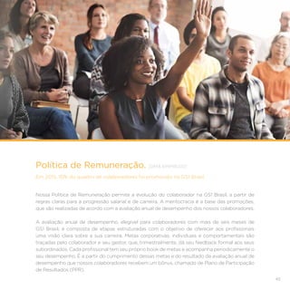 45
Política de Remuneração. [DMA EMPREGO]
Em 2015, 10% do quadro de colaboradores foi promovido na GS1 Brasil.
Nossa Política de Remuneração permite a evolução do colaborador na GS1 Brasil, a partir de
regras claras para a progressão salarial e de carreira. A meritocracia é a base das promoções,
que são realizadas de acordo com a avaliação anual de desempenho dos nossos colaboradores.
A avaliação anual de desempenho, elegível para colaboradores com mais de seis meses de
GS1 Brasil, é composta de etapas estruturadas com o objetivo de oferecer aos profissionais
uma visão clara sobre a sua carreira. Metas corporativas, individuais e comportamentais são
traçadas pelo colaborador e seu gestor, que, trimestralmente, dá seu feedback formal aos seus
subordinados. Cada profissional tem seu próprio book de metas e acompanha periodicamente o
seu desempenho. É a partir do cumprimento dessas metas e do resultado da avaliação anual de
desempenho que nossos colaboradores recebem um bônus, chamado de Plano de Participação
de Resultados (PPR).
 