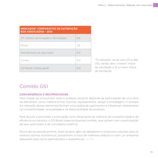 89
INDICADOR* CORPORATIVO DE SATISFAÇÃO
DOS ASSOCIADOS – 2015
CIT (Centro de Inovação e Tecnologia) 9,6
Portal 7,6
Atendimento ao associado 9.3
Cursos 9,3
GS1 Brasil (média geral) 9,0
*O indicador vai de zero (0) a dez
(10), sendo zero o menor índice
de satisfação e 10 o maior índice
de satisfação
Comitês GS1
CONVERGÊNCIA E RECIPROCIDADE
Para chegar ao consumidor, todo e qualquer produto depende da participação de uma série
de elementos, como matéria-prima, insumos, equipamentos, design e embalagem. A sinergia
e a interação desses elementos formam uma cadeia de suprimentos e influenciam diretamente
na competitividade, na qualidade e na disponibilidade de produtos.
Para discutir e promover a automação como ferramenta de melhoria da competitividade e da
eficiência na indústria, a GS1 Brasil organiza diversos comitês, que contam com a participação
de seus associados e de convidados externos.
Reunindo-se periodicamente, esses grupos, além de debaterem e proporem soluções para os
diversos setores econômicos, possibilitam a troca de melhores práticas e criam um ambiente
adequado para novos aprendizados e experiências: [G4-8]
Parte 2 – Relacionamento | Relação com associados
 