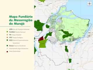 Mapa Fundiário
      da Mesorregião
      do Marajó
                               Carta do Diretor
      APA Área de Proteção Ambiental
Desenvolvimento
  FLONA Floresta Nacional
  PA Parque Estadual Áreas
   Local e
         Protegidas	
  PEC Parque Ecológico
  RDS Rede de Desenvolvimento
   Responsabilidade Socioambiental Corporativa
      	      Sustentável de Valor Inclusivas
                   Cadeias

      Resex Reserva Extrativista e Fóruns
                          Redes
                                 Metodologias
      Assentamento Agro Extrativistas
                Coordenação de Administração
      Áreas Quilombolas
                      Mobilização de Recursos
                 Instituto Peabiru em Números
                                 Comunicação
                                         Equipe
                      Referências Bibliográficas

              Relatório anual de atividades
 