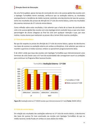                   

De uma forma global, apesar da taxa de conclusão de ciclo e do sucesso global das escolas com 
a  tipologia  TurmaMais  terem  evoluído,  verifica‐se  que  na  avaliação  externa,  os  resultados 
acompanharam a tendência da média nacional, existindo uma decréscimo da taxa de sucesso, 
tanto nos resultados das provas de aferição do 2.º ciclo do ensino básico, como nos resultados 
dos exames nacionais do 3.º ciclo do ensino básico.  

Como reflexão sobre estes resultados, é de salientar que o facto de as taxas de conclusão de 
ciclo e do sucesso global das escolas com esta tipologia terem evoluído levou a que uma maior 
percentagem  de  alunos  chegasse  ao  final  do  ciclo  sem  qualquer  retenção  e  que,  por  esse 
motivo, muitos alunos que realizaram as provas não o teriam feito noutras condições. 

2.º Ciclo do ensino básico 

No que diz respeito às provas de aferição do 2.º ciclo do ensino básico, apesar do decréscimo 
nas taxas de sucesso na avaliação externa em ambas as disciplinas, é de salientar que estas se 
mantêm superiores à média nacional, embora se aproximem progressivamente delas. 

É de referir ainda que duas das escolas com tipologia TurmaMais que intervencionaram anos 
terminais de ciclo (neste caso o 6.º ano de escolaridade) não conseguiram reunir as condições 
para continuar no Programa Mais Sucesso Escolar. 


                              TurmaMais Avaliação Externa ‐ 2.º CEB

    90%
    80%
    70%
    60%
    50%
                                                                           TurmaMais 2.º CEB
    40%
    30%                                                                    Média nacional 2.º CEB
    20%
    10%
     0%
            2009/2010        2010/2011   2009/2010       2010/2011
                        LP                       MAT
                                                                                                      
Figura 24. Avaliação externa 2.º CEB (9 escolas que intervencionaram 6.º ano) Fonte: DGIDC (2011) 

                                                      

3.º Ciclo do ensino básico 

Em relação aos resultados das avaliações externas no 3.º ciclo do ensino básico, o decréscimo 
das  taxas  de  sucesso  foi  mais  acentuado  nas  escolas  com  tipologia  TurmaMais  do  que  na 
média nacional, tendo ficado em ambos os casos abaixo da média. 

                                                                                                     22 
 
 

 
 