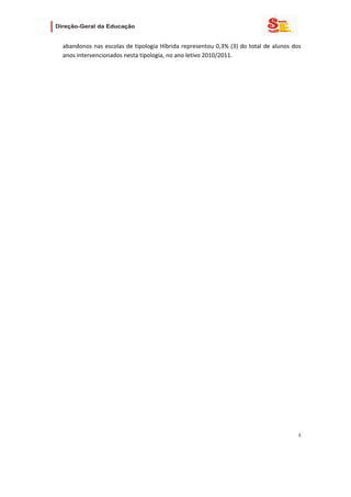                

    abandonos nas escolas de tipologia Híbrida representou 0,3% (3) do total de alunos dos 
    anos intervencionados nesta tipologia, no ano letivo 2010/2011. 

 

                               




                                                                                         5 
 
 

 
 