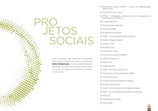 23
PRO
JETOS
SOCIAIS
Plataforma Passei, GAPAF – Grupo de Alfabetização
Paulo Freire
Poli Social e Poli Júnior
IFMSA - Federação Internacional de Associações de
Estudantes de Medicina
Projeto Fala Sério
Grupo Social Andorinha
Enactus UFABC
Projeto Novos Sonhos
CASD – Curso Alberto Santos Dumont
Projeto Triângulo Verde
Interact Clubs
Rotaract Club
Kali Projeto Social
Curso Comunitário Pimentas
Grêmio Politécnico
Passei Fácil
Emancipa USP
DAPA – De Aluno para Aluno
Projeto Ensino de Astronomia UFABC
Cursinho Colmeia
Cursinho Emancipa Vladimir Herzog
Einstein Vestibulares
CAAI - Curso Assistencial Amigos de Itajubá
CATS - Curso Assistencial Teodomiro Santiago
GAIA JR
Semeando Educação
InformAção
Como resultado dos estímulos transmitidos
pelo Instituto Semear, com base no conceito de
Efeito Multiplicador, há uma grande represen-
tatividade de jovens-semente que lançam proje-
tos sociais ou aderem a outros já em andamen-
to. Entre eles:
 