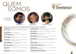 DASREDATORAS
4
• Aldo Teshima, Presidente, responsável pelos projetos
estratégicos e representante oﬁcial do Instituto Semear em
assuntos externos.
• André Mathias, Diretor de Operações.
• Rodolfo Collevatti, Diretor Financeiro, responsável pela
gestão contábil-ﬁnanceira.
• Jéssica Mattos, Diretora Administrativa e dirigente do
programa institucional PESS.
• Andrea Kirst, Coordenadora da Mentoria em São José dos
Campos com foco nos Jovens-Semente.
• Patrícia Bartolozzi, Coordenadora da Mentoria em São
José dos Campos com foco nos Mentores.
• Ana Paula Camargo, Coordenadora da Mentoria em São
Paulo com foco nos Jovens-Semente.
• Cida Gouvêa, Coordenadora Administrativa de janeiro a
julho 2017.
• José Modesto, sucessor no cargo de Coordenador
Administrativo para as ﬁliais São José dos Campos e São
Paulo.
QUEM
FUNDA
DORES
SOMOS
• Ariovaldo Araújo, colaborador e divulgador da marca Semear
nas escolas públicas de São José dos Campos.
• Bruna Credidio, coordenadora administrativa da ﬁlial São Paulo.
• Ana Henriette, agente de captação de recursos e
relacionamento com investidores.
• Flavia Benyunes, mentora, produtora e editora responsável pela
concepção e elaboração dos relatórios anuais.
• Sonja Andrade, mentora e revisora responsável pela elaboração
dos relatórios anuais e dos textos institucionais publicados na
mídia.
• Tânia Campello, jornalista responsável pelo marketing e pela
produção das newsletters.
• Éverton Viana e Germano Garrido, responsáveis pelos
indicadores sociais.
• Anderson Dutra, especialista em TI, voluntário para elaboração e
atualização do site do Instituto.
• Fernando Borges e Rúbia Franciosi, idealizadores do Programa
de Coaching em São José dos Campos.
ESTRUTURAORGANIZACIONAL
Thiago Feijão Manoel Oliveira Antonio Cesar Cunha
O Instituto Semear conta hoje com cerca de 150 voluntários. Destacamos a atuação dos mentores e colaboradores:
 