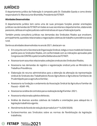 22 Anual
Relatório
Atividades
de 2021
FETAEP
JURÍDICO
O departamento jurídico da Federação é composto pelo Dr. Clodoaldo Gazola e como diretor
responsáveloSr.MarcosJuniorBrambilla,PresidentedaFETAEP.
AtividadesDesenvolvidas
O departamento jurídico tem como uma de suas principais funções prestar orientações
jurídicas nas demandas da FETAEP em todas as suas secretarias e departamentos, elaborando
pareceres,defesasemaçõesjudiciaiseadministrativasemqueaFederaçãoéparte.
Também presta consultoria jurídicas nas demandas dos Sindicatos filiados que envolvem,
principalmente, questões relacionadas a negociações coletivas de trabalho e previdência social
rural.
Dentreasatividadesdesenvolvidasnoanode2021,destacam-se:
· EmconjuntocomaSecretariadeOrganizaçãoSindical,redigiuonovomodelodeEstatuto
padrão para os Sindicatos filiados, em conformidade com as indicações aprovadas pelo
CongressodaCONTAGepeloConselhoDeliberativodaFETAEP;
· AssessoriaemassuntosrelacionadosaeleiçõessindicaisdosSindicatosfiliados;
· Assessoria nas demandas de registro e regularização sindical junto ao Ministério do
TrabalhoePrevidência;
· Elaboração do recurso administrativo para a obtenção da alteração da representação
sindical do Sindicato dos Trabalhadores Rurais Agricultores e Agricultoras Familiares de
Prudentópolisparaaagriculturafamiliar;
· Assessoria na fundação e andamento da Associação Sindical da Agricultura Familiar do
Paraná–ASIAF-PR;
· AssessoriaeanálisedecontratosparaarealizaçãodaAgriFamiliar-2021;
· Assessoriarelacionadaapleitoseleitorais;
· Análise de diversos acordos coletivos de trabalho e orientações para adequá-los à
legislaçãotrabalhistavigente;
· AtendimentodeAcordodereduçãodejornada(Leinº14.020/2020);
· Esclarecimentos aos Sindicatos sobre as normas de flexibilização da legislação
trabalhista;
 