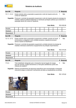 Relatório da Auditoria
www.webauditor.com.br 10 de 14Exemplo de Relatório de Auditoria
Item NR Pergunta Resposta
17.2.3. Todo trabalhador designado para o transporte manual regular de cargas,
que não as leves, recebe treinamento ou instruções satisfatórias quanto aos
métodos de trabalho?
Não
R$ 1.570,92Valor Multa:
Sugestão: Elaborar procedimentos de segurança específicos para movimentação e transporte
manual de cargas e evidenciar o treinamento de todos os trabalhadores envolvidos.
P
3
Item NR Pergunta Resposta
15.1.1 - A 2.2 Existe controle sobre a exposição ocupacional a ruído de impacto acima do
Limite de Tolerância?
Não
R$ 4.963,98Valor Multa:
Sugestão: Promover o controle da exposição ocupacional a ruído de impacto através do emprego de
medidas coletivas (preferencialmente) ou individuais (proteção auditiva) que conservem a
exposição dentro do Limite de Tolerância.
P
1
Item NR Pergunta Resposta
15.1.4 - A 10 Existe controle sobre a exposição ocupacional a umidade, quando em locais
encharcados ou alagados e com umidade excessiva, capazes de produzir
danos à saúde do trabalhador?
Não
R$ 2.619,26Valor Multa:
Sugestão: Promover o controle da exposição ocupacional a umidade através do emprego de
medidas individuais (vestimenta e equipamentos de proteção impermeáveis).
P
3
 
