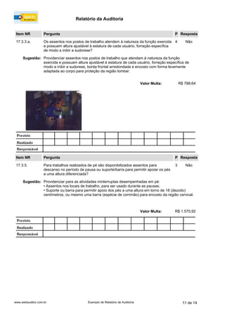 Relatório da Auditoria
www.webauditor.com.br 11 de 14Exemplo de Relatório de Auditoria
Item NR Pergunta Resposta
17.3.3.a. Os assentos nos postos de trabalho atendem à natureza da função exercida
e possuem altura ajustável à estatura de cada usuário, forração específica
de modo a inibir a sudorese?
Não
R$ 788,64Valor Multa:
Sugestão: Providenciar assentos nos postos de trabalho que atendam à natureza da função
exercida e possuam altura ajustável à estatura de cada usuário, forração específica de
modo a inibir a sudorese, borda frontal arredondada e encosto com forma levemente
adaptada ao corpo para proteção da região lombar.
P
4
Item NR Pergunta Resposta
17.3.5. Para trabalhos realizados de pé são disponibilizados assentos para
descanso no período de pausa ou suporte/barra para permitir apoiar os pés
a uma altura diferenciada?
Não
R$ 1.570,92Valor Multa:
Sugestão: Providenciar para as atividades ininterruptas desempenhadas em pé:
•Assentos nos locais de trabalho, para ser usado durante as pausas;
•Suporte ou barra para permitir apoio dos pés a uma altura em torno de 18 (dezoito)
centímetros, ou mesmo uma barra (espécie de corrimão) para encosto da região cervical.
P
3
 