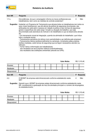 Relatório da Auditoria
www.webauditor.com.br 4 de 14Exemplo de Relatório de Auditoria
Item NR Pergunta Resposta
1.7.c. Há evidências, de que o empregador informa os riscos profissionais aos
trabalhadores, bem como as medidas de controle existentes?
Não
R$ 1.315,46Valor Multa:
Sugestão: Implantar um Programa de Treinamento que abranja todos os trabalhadores (em todos os
seus níveis hierárquicos), que dê ciência da política de segurança da empresa, das
atribuições de cada setor e pessoa em relação à política e das normas de segurança
gerais e específicas (de cada cargo / função ou situação de trabalho), que seja
documentado (sob assinatura do instrutor e do trabalhador) e que se desenvolva através
de:
- Um treinamento inicial de Integração, quando da admissão do trabalhador, que inclua
todo o conteúdo acima;
- Treinamentos periódicos de reforço (com periodicidade a ser definida pela empresa);
- Treinamentos diários (preferencialmente) ou semanais, ministrados pelas próprias
chefias imediatas, sobre temas de segurança que se façam necessários abordar (ou
reforçar).
- Tornar rotina a Informação aos trabalhadores:
. dos resultados de seus exames médicos (individualmente);
. dos resultados das avaliações ambientais (através da CIPA).
P
4
Item NR Pergunta Resposta
4.2. O SESMT da empresa está dimensionado conforme estabelecido nesta
NR?
Não
R$ 1.315,46Valor Multa:
Sugestão: Garantir que o SESMT da empresa esteja dimensionado conforme estabelecido nesta
NR, considerando a graduação de risco da atividade principal e o número de empregados
do estabelecimento.
P
4
 