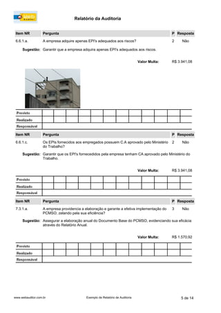Relatório da Auditoria
www.webauditor.com.br 5 de 14Exemplo de Relatório de Auditoria
Item NR Pergunta Resposta
7.3.1.a. A empresa providencia a elaboração e garante a efetiva implementação do
PCMSO, zelando pela sua eficiência?
Não
R$ 1.570,92Valor Multa:
Sugestão: Assegurar a elaboração anual do Documento Base do PCMSO, evidenciando sua eficácia
através do Relatório Anual.
P
3
Item NR Pergunta Resposta
6.6.1.a. A empresa adquire apenas EPI's adequados aos riscos? Não
R$ 3.941,08Valor Multa:
Sugestão: Garantir que a empresa adquira apenas EPI's adequados aos riscos.
P
2
Item NR Pergunta Resposta
6.6.1.c. Os EPIs fornecidos aos empregados possuem C.A aprovado pelo Ministério
do Trabalho?
Não
R$ 3.941,08Valor Multa:
Sugestão: Garantir que os EPI's fornecedidos pela empresa tenham CA aprovado pelo Ministério do
Trabalho.
P
2
 