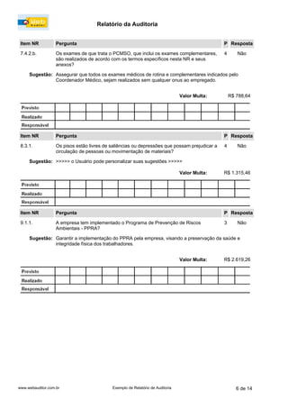 Relatório da Auditoria
www.webauditor.com.br 6 de 14Exemplo de Relatório de Auditoria
Item NR Pergunta Resposta
9.1.1. A empresa tem implementado o Programa de Prevenção de Riscos
Ambientais - PPRA?
Não
R$ 2.619,26Valor Multa:
Sugestão: Garantir a implementação do PPRA pela empresa, visando a preservação da saúde e
integridade física dos trabalhadores.
P
3
Item NR Pergunta Resposta
7.4.2.b. Os exames de que trata o PCMSO, que inclui os exames complementares,
são realizados de acordo com os termos específicos nesta NR e seus
anexos?
Não
R$ 788,64Valor Multa:
Sugestão: Assegurar que todos os exames médicos de rotina e complementares indicados pelo
Coordenador Médico, sejam realizados sem qualquer onus ao empregado.
P
4
Item NR Pergunta Resposta
8.3.1. Os pisos estão livres de saliências ou depressões que possam prejudicar a
circulação de pessoas ou movimentação de materiais?
Não
R$ 1.315,46Valor Multa:
Sugestão: >>>>> o Usuário pode personalizar suas sugestões >>>>>
P
4
 