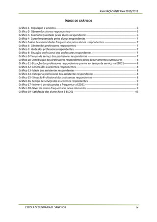 AVALIAÇÃO INTERNA 2010/2011


                                               ÍNDICE DE GRÁFICOS

Gráfico 1- População e amostra ------------------------------------------------------------------------------------------- 6
Gráfico 2- Género dos alunos respondentes --------------------------------------------------------------------------- 6
Gráfico 3- Ensino frequentado pelos alunos respondentes -------------------------------------------------------- 6
Gráfico 4- Curso frequentado pelos alunos respondentes --------------------------------------------------------- 7
Gráfico 5-Ano de escolaridades frequentado pelos alunos respondentes ------------------------------------ 7
Gráfico 6- Género dos professores respondentes -------------------------------------------------------------------- 7
Gráfico 7- Idade dos professores respondentes ---------------------------------------------------------------------- 7
Gráfico 8- Situação profissional dos professores respondentes -------------------------------------------------- 7
Gráfico 9-Tempo de serviço dos professores respondentes ------------------------------------------------------- 7
Gráfico 10-Distribuição dos professores respondentes pelos departamentos curriculares---------------- 8
Gráfico 11-Situação dos professores respondentes quanto ao tempo de serviço na ESDS1 -------------- 8
Gráfico 12-Género dos assistentes respondentes -------------------------------------------------------------------- 8
Gráfico 13- Idade dos assistentes respondentes ---------------------------------------------------------------------- 8
Gráfico 14- Categoria profissional dos assistentes respondentes ------------------------------------------------ 8
Gráfico 15- Situação Profissional dos assistentes respondentes -------------------------------------------------- 8
Gráfico 16-Tempo de serviço dos assistentes respondentes ------------------------------------------------------ 9
Gráfico 17- Número de educandos a frequentar a ESDS1 ---------------------------------------------------------- 9
Gráfico 18- Nível de ensino frequentado pelos educandos -------------------------------------------------------- 9
Gráfico 19- Satisfação dos alunos face à ESDS1 --------------------------------------------------------------------- 46




      ESCOLA SECUNDÁRIA D. SANCHO I                                                                                       iv
 