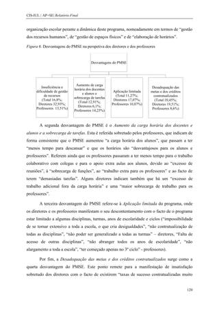 CIS-IUL | AP+SE| Relatório Final


organização escolar perante a dinâmica deste programa, nomeadamente em termos de “gestão
dos recursos humanos”, de “gestão de espaços físicos” e de “elaboração de horários”.

Figura 6. Desvantagens do PMSE na perspetiva dos diretores e dos professores


                                         Desvantagens do PMSE




                               Aumento de carga
          Insuficiência e                                                   Desadequação das
                              horária dos docentes
      dificuldade de gestão                            Aplicação limitada   metas e dos créditos
                                   e alunos e
            de recursos                                 (Total 11,27%;        contratualizados
                              sobrecarga de tarefas
          (Total 16,8%;                                Diretores 17,07%;       (Total 10,45%;
                                 (Total 12,91%;
       Diretores 32,93%;                              Professores 10,07%)   Diretores 19,51%;
                                Diretores 6,1%;
      Professores 13,51%)                                                    Professores 8,6%)
                              Professores 14,25%)



        A segunda desvantagem do PMSE é o Aumento da carga horária dos docentes e
alunos e a sobrecarga de tarefas. Esta é referida sobretudo pelos professores, que indicam de
forma consistente que o PMSE aumentou “a carga horária dos alunos”, que passam a ter
“menos tempo para descansar” e que os horários são “desvantajosos para os alunos e
professores”. Referem ainda que os professores passaram a ter menos tempo para o trabalho
colaborativo com colegas e para o apoio extra aulas aos alunos, devido ao “excesso de
reuniões”, à “sobrecarga de funções”, ao “trabalho extra para os professores” e ao facto de
terem “demasiadas tarefas”. Alguns diretores indicam também que há um “excesso de
trabalho adicional fora da carga horária” e uma “maior sobrecarga de trabalho para os
professores”.

        A terceira desvantagem do PMSE refere-se à Aplicação limitada do programa, onde
os diretores e os professores manifestam o seu descontentamento com o facto de o programa
estar limitado a algumas disciplinas, turmas, anos de escolaridade e ciclos (“impossibilidade
de se tornar extensivo a toda a escola, o que cria desigualdades”, “não contratualização de
todas as disciplinas”, “não poder ser generalizado a todas as turmas” – diretores, “Falta de
acesso de outras disciplinas”, “não abranger todos os anos de escolaridade”, “não
alargamento a toda a escola”, “ter começado apenas no 3º ciclo” - professores).

        Por fim, a Desadequação das metas e dos créditos contratualizados surge como a
quarta desvantagem do PMSE. Este ponto remete para a manifestação de insatisfação
sobretudo dos diretores com o facto de existirem “taxas de sucesso contratualizadas muito


                                                                                                   120
 