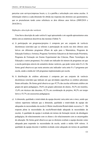 CIS-IUL | AP+SE| Relatório Final


parcerias com serviços/empresas locais; e, i) a partilha e articulação com outras escolas. A
informação relativa a cada dimensão foi obtida nas respostas dos diretores aos questionários,
que os preencheram tendo como referência os dois últimos anos letivos (2009/2010 e
2010/2011).


Definição e descrição das variáveis

    Uma breve descrição de cada variável é aqui apresentada e em seguida apresentamos uma
tabela com as estatísticas descritivas das mesmas (Tabela 7):

a) A participação em programas/projetos é composta por um conjunto de variáveis
    dicotómicas (sim/não) que se referem à participação da escola nos dois últimos anos
    letivos em diferentes programas (Plano de ação para a Matemática, Programa de
    Educação Estética e Artística, Programa Territórios Educativos de Intervenção Prioritária,
    Programa de Formação em Ensino Experimental das Ciências, Plano Tecnológico da
    Educação e outros programas). Foi criado um indicador do número de programas em que
    a escola participou através do somatório destas variáveis, que pode variar entre 0 e 6. De
    forma geral observa-se que nesta amostra este indicador varia entre 0 e 5 programas por
    escola, sendo a média de 2,46 programas implementados por escola.

b) A distribuição de créditos adicionais é composta por um conjunto de variáveis
    dicotómicas (sim/não) que indicam em que atividades específicas os créditos adicionais
    foram utilizados. De forma geral observa-se que 47,7% das escolas utilizaram créditos em
    grupos de apoio pedagógico, 39,6% em grupos adicionais de alunos, 38,3% em reuniões,
    13,4% em técnicos não docentes, 47,7% em coordenação de projetos, 48,3% em tempo
    letivo e 53,7% em assessorias pedagógicas.

c) A dimensão, qualidade e rotatividade da equipa docente varia entre um e cinco, sendo que
    valores superiores indicam que a dimensão, qualidade e rotatividade da equipa são
    adequadas às necessidades da escola (1-Muito insuficiente/Rotatividade excessiva; 5 – Dá
    resposta plena às necessidades da escola/Rotatividade adequada às necessidades da
    escola). A qualidade da equipa é avaliada em termos da formação inicial, da abordagem
    pedagógica, do relacionamento com os alunos e do relacionamento com os encarregados
    de educação. De forma geral observa-se que os diretores avaliam a equipa docente como
    adequada para responder às necessidades da escola, sendo a média 4,04 valores. A
    qualidade da equipa docente é também avaliada como adequada em termos da qualidade

                                                                                          122
 