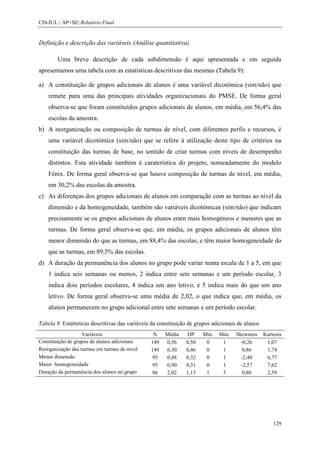 CIS-IUL | AP+SE| Relatório Final


Definição e descrição das variáveis (Análise quantitativa)

        Uma breve descrição de cada subdimensão é aqui apresentada e em seguida
apresentamos uma tabela com as estatísticas descritivas das mesmas (Tabela 9):

a) A constituição de grupos adicionais de alunos é uma variável dicotómica (sim/não) que
    remete para uma das principais atividades organizacionais do PMSE. De forma geral
    observa-se que foram constituídos grupos adicionais de alunos, em média, em 56,4% das
    escolas da amostra.
b) A reorganização ou composição de turmas de nível, com diferentes perfis e recursos, é
    uma variável dicotómica (sim/não) que se refere à utilização deste tipo de critérios na
    constituição das turmas de base, no sentido de criar turmas com níveis de desempenho
    distintos. Esta atividade também é caraterística do projeto, nomeadamente do modelo
    Fénix. De forma geral observa-se que houve composição de turmas de nível, em média,
    em 30,2% das escolas da amostra.
c) As diferenças dos grupos adicionais de alunos em comparação com as turmas ao nível da
    dimensão e da homogeneidade, também são variáveis dicotómicas (sim/não) que indicam
    precisamente se os grupos adicionais de alunos eram mais homogéneos e menores que as
    turmas. De forma geral observa-se que, em média, os grupos adicionais de alunos têm
    menor dimensão do que as turmas, em 88,4% das escolas, e têm maior homogeneidade do
    que as turmas, em 89,5% das escolas.
d) A duração da permanência dos alunos no grupo pode variar numa escala de 1 a 5, em que
    1 indica seis semanas ou menos, 2 indica entre sete semanas e um período escolar, 3
    indica dois períodos escolares, 4 indica um ano letivo, e 5 indica mais do que um ano
    letivo. De forma geral observa-se uma média de 2,02, o que indica que, em média, os
    alunos permanecem no grupo adicional entre sete semanas e um período escolar.

Tabela 9. Estatísticas descritivas das variáveis da constituição de grupos adicionais de alunos
                   Variáveis                     N    Média    DP     Min.   Máx.    Skewness     Kurtosis
Constituição de grupos de alunos adicionais     149   0,56     0,50    0      1        -0,26       1,07
Reorganização das turmas em turmas de nível     149   0,30     0,46    0      1         0,86       1,74
Menor dimensão                                  95    0,88     0,32    0      1        -2,40       6,77
Maior homogeneidade                             95    0,90     0,31    0      1        -2,57       7,62
Duração da permanência dos alunos no grupo      86    2,02     1,13    1      5         0,80       2,59




                                                                                                      129
 
