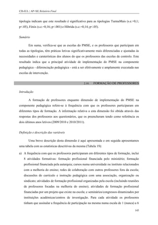 CIS-IUL | AP+SE| Relatório Final


tipologia indicam que este resultado é significativo para as tipologias TurmaMais (s.e.=0,1;
p<.05), Fénix (s.e.=0,16; p<.001) e Híbrida (s.e.=0,14; p<.05).


Sumário

        Em suma, verifica-se que as escolas do PMSE, e os professores que participam em
todas as tipologias, têm práticas letivas significativamente mais diferenciadas e ajustadas às
necessidades e caraterísticas dos alunos do que os professores das escolas de controlo. Este
resultado indica que a principal atividade de implementação do PMSE na componente
pedagógica - diferenciação pedagógica - está a ser efetivamente e amplamente executada nas
escolas de intervenção.


                                                   2.10.   FORMAÇÃO DE PROFESSORES

Introdução

        A formação de professores enquanto dimensão de implementação do PMSE na
componente pedagógica refere-se à frequência com que os professores participaram em
diferentes tipos de formação. A informação relativa a esta dimensão foi obtida através das
respostas dos professores aos questionários, que os preencheram tendo como referência os
dois últimos anos letivos (2009/2010 e 2010/2011).


Definição e descrição das variáveis

        Uma breve descrição desta dimensão é aqui apresentada e em seguida apresentamos
uma tabela com as estatísticas descritivas da mesma (Tabela 19):

a) A frequência com que os professores participaram em diferentes tipos de formação, inclui
    8 atividades formativas: formação profissional financiada pelo ministério; formação
    profissional financiada pela autarquia; cursos numa universidade ou instituto relacionados
    com a melhoria do ensino; redes de colaboração com outros professores fora da escola;
    discussões do currículo e instrução pedagógica com uma associação, organização ou
    sindicato; atividades de formação profissional organizadas pela escola (incluindo reuniões
    de professores focadas na melhoria do ensino); atividades de formação profissional
    financiadas por um projeto que existe na escola; e seminários/congressos dinamizados por
    instituições académicas/centros de investigação. Para cada atividade os professores
    tinham que assinalar a frequência de participação na mesma numa escala de 1 (nunca) a 6

                                                                                          145
 