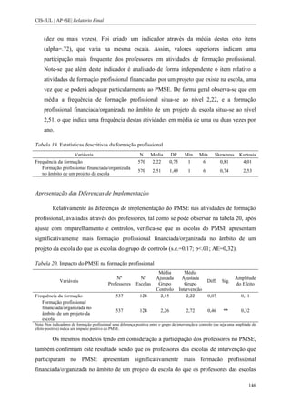CIS-IUL | AP+SE| Relatório Final


     (dez ou mais vezes). Foi criado um indicador através da média destes oito itens
     (alpha=.72), que varia na mesma escala. Assim, valores superiores indicam uma
     participação mais frequente dos professores em atividades de formação profissional.
     Note-se que além deste indicador é analisado de forma independente o item relativo a
     atividades de formação profissional financiadas por um projeto que existe na escola, uma
     vez que se poderá adequar particularmente ao PMSE. De forma geral observa-se que em
     média a frequência de formação profissional situa-se ao nível 2,22, e a formação
     profissional financiada/organizada no âmbito de um projeto da escola situa-se ao nível
     2,51, o que indica uma frequência destas atividades em média de uma ou duas vezes por
     ano.

Tabela 19. Estatísticas descritivas da formação profissional
                  Variáveis                                    N      Média        DP       Min.    Máx.        Skewness    Kurtosis
Frequência da formação                                        570     2,22         0,75      1       6            0,81       4,01
   Formação profissional financiada/organizada
                                                              570      2,51        1,49       1         6           0,74       2,53
   no âmbito de um projeto da escola



Apresentação das Diferenças de Implementação

          Relativamente às diferenças de implementação do PMSE nas atividades de formação
profissional, avaliadas através dos professores, tal como se pode observar na tabela 20, após
ajuste com emparelhamento e controlos, verifica-se que as escolas do PMSE apresentam
significativamente mais formação profissional financiada/organizada no âmbito de um
projeto da escola do que as escolas do grupo de controlo (s.e.=0,17; p<.01; AE=0,32).

Tabela 20. Impacto do PMSE na formação profissional
                                                                           Média             Média
                                                Nº             Nº         Ajustada         Ajustada                        Amplitude
              Variáveis                                                                                     Diff.   Sig.
                                            Professores      Escolas       Grupo             Grupo                         do Efeito
                                                                          Controlo        Intervenção
Frequência da formação                           537           124          2,15              2,22          0,07             0,11
   Formação profissional
   financiada/organizada no
                                                 537           124          2,26             2,72           0,46     **      0,32
   âmbito de um projeto da
   escola
Nota: Nos indicadores da formação profissional uma diferença positiva entre o grupo de intervenção e controlo (ou seja uma amplitude do
efeito positiva) indica um impacto positivo do PMSE.

          Os mesmos modelos tendo em consideração a participação dos professores no PMSE,
também confirmam este resultado sendo que os professores das escolas de intervenção que
participaram no PMSE apresentam significativamente mais formação profissional
financiada/organizada no âmbito de um projeto da escola do que os professores das escolas

                                                                                                                                  146
 