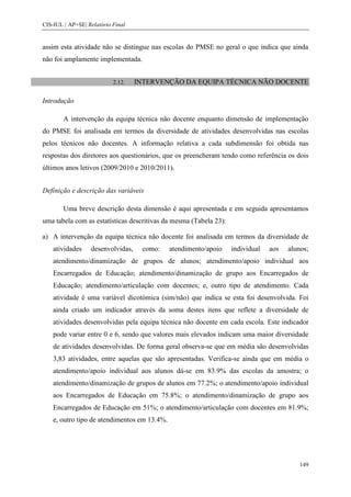 CIS-IUL | AP+SE| Relatório Final


assim esta atividade não se distingue nas escolas do PMSE no geral o que indica que ainda
não foi amplamente implementada.


                           2.12.   INTERVENÇÃO DA EQUIPA TÉCNICA NÃO DOCENTE

Introdução

        A intervenção da equipa técnica não docente enquanto dimensão de implementação
do PMSE foi analisada em termos da diversidade de atividades desenvolvidas nas escolas
pelos técnicos não docentes. A informação relativa a cada subdimensão foi obtida nas
respostas dos diretores aos questionários, que os preencheram tendo como referência os dois
últimos anos letivos (2009/2010 e 2010/2011).


Definição e descrição das variáveis

        Uma breve descrição desta dimensão é aqui apresentada e em seguida apresentamos
uma tabela com as estatísticas descritivas da mesma (Tabela 23):

a) A intervenção da equipa técnica não docente foi analisada em termos da diversidade de
    atividades    desenvolvidas,    como:     atendimento/apoio    individual   aos   alunos;
    atendimento/dinamização de grupos de alunos; atendimento/apoio individual aos
    Encarregados de Educação; atendimento/dinamização de grupo aos Encarregados de
    Educação; atendimento/articulação com docentes; e, outro tipo de atendimento. Cada
    atividade é uma variável dicotómica (sim/não) que indica se esta foi desenvolvida. Foi
    ainda criado um indicador através da soma destes itens que reflete a diversidade de
    atividades desenvolvidas pela equipa técnica não docente em cada escola. Este indicador
    pode variar entre 0 e 6, sendo que valores mais elevados indicam uma maior diversidade
    de atividades desenvolvidas. De forma geral observa-se que em média são desenvolvidas
    3,83 atividades, entre aquelas que são apresentadas. Verifica-se ainda que em média o
    atendimento/apoio individual aos alunos dá-se em 83.9% das escolas da amostra; o
    atendimento/dinamização de grupos de alunos em 77.2%; o atendimento/apoio individual
    aos Encarregados de Educação em 75.8%; o atendimento/dinamização de grupo aos
    Encarregados de Educação em 51%; o atendimento/articulação com docentes em 81.9%;
    e, outro tipo de atendimentos em 13.4%.




                                                                                          149
 