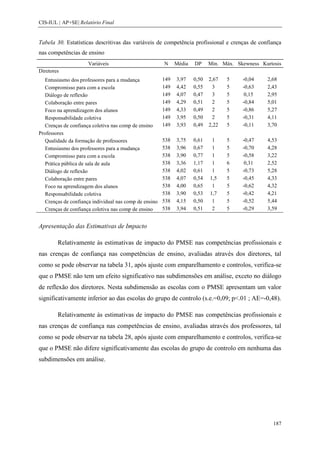 CIS-IUL | AP+SE| Relatório Final


Tabela 30. Estatísticas descritivas das variáveis de competência profissional e crenças de confiança
nas competências de ensino
                      Variáveis                         N     Média   DP     Min. Máx. Skewness Kurtosis
Diretores
   Entusiasmo dos professores para a mudança            149   3,97    0,50   2,67   5    -0,04    2,68
   Compromisso para com a escola                        149   4,42    0,55    3     5    -0,63    2,43
   Diálogo de reflexão                                  149   4,07    0,47    3     5     0,15    2,95
   Colaboração entre pares                              149   4,29    0,51    2     5    -0,84    5,01
   Foco na aprendizagem dos alunos                      149   4,33    0,49    2     5    -0,86    5,27
   Responsabilidade coletiva                            149   3,95    0,50    2     5    -0,31    4,11
   Crenças de confiança coletiva nas comp de ensino     149   3,93    0,49   2,22   5    -0,11    3,70
Professores
   Qualidade da formação de professores                 538   3,75    0,61    1     5    -0,47    4,53
   Entusiasmo dos professores para a mudança            538   3,96    0,67    1     5    -0,70    4,28
   Compromisso para com a escola                        538   3,90    0,77    1     5    -0,58    3,22
   Prática pública de sala de aula                      538   3,36    1,17    1     6     0,31    2,52
   Diálogo de reflexão                                  538   4,02    0,61    1     5    -0,73    5,28
   Colaboração entre pares                              538   4,07    0,54   1,5    5    -0,45    4,33
   Foco na aprendizagem dos alunos                      538   4,00    0,65    1     5    -0,62    4,32
   Responsabilidade coletiva                            538   3,90    0,53   1,7    5    -0,42    4,21
   Crenças de confiança individual nas comp de ensino   538   4,15    0,50    1     5    -0,52    5,44
   Crenças de confiança coletiva nas comp de ensino     538   3,94    0,51    2     5    -0,29    3,59


Apresentação das Estimativas de Impacto

        Relativamente às estimativas de impacto do PMSE nas competências profissionais e
nas crenças de confiança nas competências de ensino, avaliadas através dos diretores, tal
como se pode observar na tabela 31, após ajuste com emparelhamento e controlos, verifica-se
que o PMSE não tem um efeito significativo nas subdimensões em análise, exceto no diálogo
de reflexão dos diretores. Nesta subdimensão as escolas com o PMSE apresentam um valor
significativamente inferior ao das escolas do grupo de controlo (s.e.=0,09; p<.01 ; AE=-0,48).

        Relativamente às estimativas de impacto do PMSE nas competências profissionais e
nas crenças de confiança nas competências de ensino, avaliadas através dos professores, tal
como se pode observar na tabela 28, após ajuste com emparelhamento e controlos, verifica-se
que o PMSE não difere significativamente das escolas do grupo de controlo em nenhuma das
subdimensões em análise.




                                                                                                     187
 