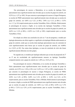 CIS-IUL | AP+SE| Relatório Final


        Nas percentagens de sucesso a Matemática, só as escolas da tipologia Fénix
apresentaram taxas significativamente mais elevadas que as escolas do grupo de controlo, em
9,53% (s.e.=1,57; p<.001). No que concerne as percentagens de sucesso a Língua Portuguesa,
as escolas do PMSE apresentaram taxas significativamente mais elevadas que as escolas do
grupo de controlo, em 4,86% (s.e.=1,21; p<.001), 7,94% (s.e.=1,13; p<.001) e 5,53%
(s.e.=1,7; p<.01) respetivamente para as escolas TurmaMais, Fénix e Híbridas. Relativamente
às percentagens de sucesso a Inglês, só as escolas das tipologias TurmaMais e Fénix
apresentaram taxas significativamente mais elevadas que as escolas do grupo de controlo, em
4,62% (s.e.=1,32; p<.001), e 6,82% (s.e.=1,49; p.<.001), respetivamente para as escolas
TurmaMais e Fénix.

        Em relação aos efeitos nas conclusões de ciclo no 1º ano do programa, o modelo por
tipologia demonstrou um efeito negativo e significativo da tipologia Híbrida relativamente ao
grupo de controlo, sendo que as escolas desta tipologia apresentaram taxas de conclusão de
ciclo significativamente mais baixas que as escolas do grupo de controlo, em -6,080%
(s.e.=2,813; p<.05). Nas outras duas tipologias, as taxas de conclusão de ciclo não foram
significativamente diferentes nos dois grupos.

        No segundo ano, os modelos por tipologia indicaram que as taxas de progressão do 2º
ao 9º ano de escolaridade são significativamente menores na tipologia TurmaMais
comparativamente com o grupo de controlo em -1,49% (s.e.=0,53; p<.01).

        Nas percentagens de sucesso a Matemática, só as escolas da tipologia TurmaMais e
Fénix apresentaram taxas significativamente mais elevadas que as escolas do grupo de
controlo, em 4,35% (s.e.=1,94; p<.05) e em 11,42% (s.e.=1,87; p<.001), respetivamente. No
que concerne às percentagens de sucesso a Língua Portuguesa, as escolas do PMSE
apresentaram taxas significativamente mais elevadas que as escolas do grupo de controlo, em
4,56% (s.e.=1,22; p<.001), 6,68% (s.e.=1,32; p<.001) e 4,18% (s.e.=1,61; p<.01)
respetivamente, para as escolas TurmaMais, Fénix e Híbridas. Relativamente às percentagens
de sucesso a Inglês, as escolas do PMSE apresentaram taxas significativamente mais elevadas
que as escolas do grupo de controlo, em 5,46% (s.e.=1,62; p<.001), 8,18% (s.e.=1,79;
p<.001) e 7,51% (s.e.=2,91; p<.01) respetivamente, para as escolas TurmaMais, Fénix e
Híbridas.




                                                                                         194
 