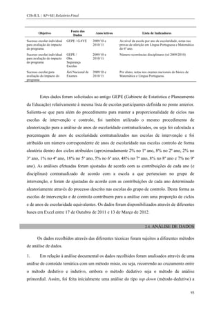 CIS-IUL | AP+SE| Relatório Final



                                Fonte dos
        Objetivo                                 Anos letivos                   Lista de Indicadores
                                 Dados
Sucesso escolar individual   GEPE / GAVE        2009/10 e       Ao nível da escola por ano de escolaridade, notas nas
para avaliação do impacto                       2010/11         provas de aferição em Língua Portuguesa e Matemática
do programa                                                     do 6º ano.
Sucesso escolar individual   GEPE /             2009/10 e       Número ocorrências disciplinares (só 2009/2010)
para avaliação do impacto    Obs.               2010/11
do programa                  Segurança
                             Escolas
Sucesso escolar para         Júri Nacional de   2009/10 e       Por aluno, notas nos exames nacionais do básico de
avaliação do impacto do      Exames             2010/11         Matemática e Língua Portuguesa.
programa




         Estes dados foram solicitados ao antigo GEPE (Gabinete de Estatística e Planeamento
da Educação) relativamente à mesma lista de escolas participantes definida no ponto anterior.
Salienta-se que para além do procedimento para manter a proporcionalidade de ciclos nas
escolas de intervenção e controlo, foi também utilizado o mesmo procedimento de
aleatorização para a análise de anos de escolaridade contratualizados, ou seja foi calculada a
percentagem de anos de escolaridade contratualizados nas escolas de intervenção e foi
atribuído um número correspondente de anos de escolaridade nas escolas controlo de forma
aleatória dentro dos ciclos atribuídos (aproximadamente 2% no 1º ano, 8% no 2º ano, 2% no
3º ano, 1% no 4º ano, 18% no 5º ano, 5% no 6º ano, 48% no 7º ano, 8% no 8º ano e 7% no 9º
ano). As análises efetuadas foram ajustadas de acordo com as contribuições de cada ano (e
disciplinas) contratualizado de acordo com a escola a que pertenciam no grupo de
intervenção, e foram de ajustadas de acordo com as contribuições de cada ano determinado
aleatoriamente através do processo descrito nas escolas do grupo de controlo. Desta forma as
escolas de intervenção e de controlo contribuem para a análise com uma proporção de ciclos
e de anos de escolaridade equivalentes. Os dados foram disponibilizados através de diferentes
bases em Excel entre 17 de Outubro de 2011 e 13 de Março de 2012.


                                                                                  2.4. ANÁLISE         DE DADOS

       Os dados recolhidos através das diferentes técnicas foram sujeitos a diferentes métodos
de análise de dados.

1.       Em relação à análise documental os dados recolhidos foram analisados através de uma
análise de conteúdo temática com um método misto, ou seja, recorrendo ao cruzamento entre
o método dedutivo e indutivo, embora o método dedutivo seja o método de análise
primordial. Assim, foi feita inicialmente uma análise do tipo top down (método dedutivo) a


                                                                                                                     93
 