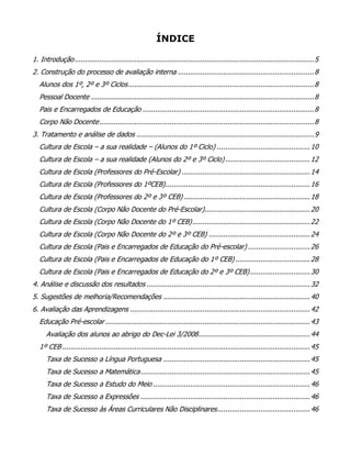 ÍNDICE

1. Introdução .................................................................................................................... 5
2. Construção do processo de avaliação interna .................................................................. 8
   Alunos dos 1º, 2º e 3º Ciclos .......................................................................................... 8
   Pessoal Docente ............................................................................................................ 8
   Pais e Encarregados de Educação ................................................................................... 8
   Corpo Não Docente ........................................................................................................ 8
3. Tratamento e análise de dados ...................................................................................... 9
   Cultura de Escola – a sua realidade – (Alunos do 1º Ciclo) ............................................. 10
   Cultura de Escola – a sua realidade (Alunos do 2º e 3º Ciclo) ......................................... 12
   Cultura de Escola (Professores do Pré-Escolar) .............................................................. 14
   Cultura de Escola (Professores do 1ºCEB)...................................................................... 16
   Cultura de Escola (Professores do 2º e 3º CEB) ............................................................. 18
   Cultura de Escola (Corpo Não Docente do Pré-Escolar)................................................... 20
   Cultura de Escola (Corpo Não Docente do 1º CEB) ......................................................... 22
   Cultura de Escola (Corpo Não Docente do 2º e 3º CEB) ................................................. 24
   Cultura de Escola (Pais e Encarregados de Educação do Pré-escolar) .............................. 26
   Cultura de Escola (Pais e Encarregados de Educação do 1º CEB) .................................... 28
   Cultura de Escola (Pais e Encarregados de Educação do 2º e 3º CEB) ............................. 30
4. Análise e discussão dos resultados ............................................................................... 32
5. Sugestões de melhoria/Recomendações ....................................................................... 40
6. Avaliação das Aprendizagens ....................................................................................... 42
   Educação Pré-escolar ................................................................................................... 43
      Avaliação dos alunos ao abrigo do Dec-Lei 3/2008 ...................................................... 44
   1º CEB ........................................................................................................................ 45
      Taxa de Sucesso a Língua Portuguesa ....................................................................... 45
      Taxa de Sucesso a Matemática .................................................................................. 45
      Taxa de Sucesso a Estudo do Meio ............................................................................ 46
      Taxa de Sucesso a Expressões .................................................................................. 46
      Taxa de Sucesso às Áreas Curriculares Não Disciplinares............................................. 46
 