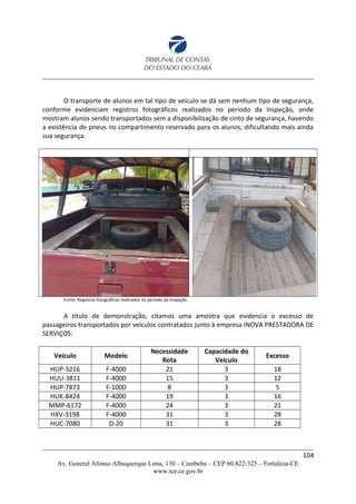 O transporte de alunos em tal tipo de veículo se dá sem nenhum tipo de segurança,
conforme evidenciam registros fotográficos realizados no período da Inspeção, onde
mostram alunos sendo transportados sem a disponibilização de cinto de segurança, havendo
a existência de pneus no compartimento reservado para os alunos, dificultando mais ainda
sua segurança.
Fonte: Registros fotográficos realizados no período da Inspeção
A título de demonstração, citamos uma amostra que evidencia o excesso de
passageiros transportados por veículos contratados junto à empresa INOVA PRESTADORA DE
SERVIÇOS:
Veículo Modelo
Necessidade
Rota
Capacidade do
Veículo
Excesso
HUP-3216 F-4000 21 3 18
HUU-3811 F-4000 15 3 12
HUP-7873 F-1000 8 3 5
HUK-8424 F-4000 19 3 16
MMP-6172 F-4000 24 3 21
HXV-3198 F-4000 31 3 28
HUC-7080 D-20 31 3 28
104
Av. General Afonso Albuquerque Lima, 130 – Cambeba – CEP 60.822-325 – Fortaleza-CE
www.tce.ce.gov.br
 