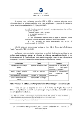 De acordo com o disposto no artigo 138 do CTB, o condutor, além de outras
exigências, deverá ter sido aprovado em curso especializado para a condução de transporte
escolar, nos termos da Resolução nº 358 do CONTRAN.
Art. 138. O condutor de veículo destinado à condução de escolares deve satisfazer
os seguintes requisitos:
I - ter idade superior a vinte e um anos;
II - ser habilitado na categoria D;
III - (VETADO)
IV - não ter cometido nenhuma infração grave ou gravíssima, ou ser
reincidente em infrações médias durante os doze últimos meses;
V - ser aprovado em curso especializado, nos termos da
regulamentação do CONTRAN.
Referida exigência também está contida no item 4.2 do Termo de Referência do
Pregão Presencial nº 2017.04.26.02.
Analisando a documentação apresentada no período da Inspeção, verificou-se que
nenhum dos condutores cumpre a exigência prevista na legislação pertinente, o que
denota a ausência de fiscalização por parte da Administração, haja vista que não cobra da
contratada o cumprimento das exigências dispostas no Edital e seus anexos.
Responsável Cargo Conduta
Tânia Maria Fontenelle
Alves
Secretária de Educação Homologou o certame e
firmou a contratação
irregular da empresa.
Maria Josiane Carneiro
Braga
Fiscal do Contrato Atestaram o cumprimento
das exigências da
contratação.Geovane Lopes dos Santos Diretor de Transporte
José Carlito de Oliveira
Júnior
Controlador Municipal
9.3 Da Utilização de Artifício para Atingir o Percentual Permitido para a Subcontratação
Tendo em vista o disposto no item 13.3 do Edital do Pregão Presencial nº
2017.04.26.02, não seria permitida a subcontratação em percentual superior a 70% (setenta
por cento) do total contratado.
Fonte: Edital do Pregão Presencial nº 2017.04.26.02
106
Av. General Afonso Albuquerque Lima, 130 – Cambeba – CEP 60.822-325 – Fortaleza-CE
www.tce.ce.gov.br
 