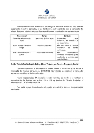 Se considerarmos que a realização do serviço se dá desde o início do ano, embora
decorrente de outros contratos, e que também há outro contrato para o transporte de
alunos do ensino médio, o valor do dano ao erário pode ir muito além do que apuramos.
Responsável Cargo Conduta
Tânia Maria Fontenelle
Alves
Secretária de Educação Responsável pela
realização da despesa e
seu pagamento.
Maria Josiane Carneiro
Braga
Fiscal do Contrato Não procedeu a devida
fiscalização do objeto
contratado.
José Carlito de Oliveira
Júnior
Controlador Municipal Não implementou
controles necessários para
a detecção e correção das
irregularidades.
9.6 Da Vistoria Realizada pelo Detran-CE nos Veículos que Fazem o Transporte Escolar
Conforme comprova a documentação anexa (anexo – Vistoria DETRAN) houve a
realização de vistorias por parte do DETRAN-CE nos veículos que realizam o transporte
escolar no município, próprios ou locados.
Foram inspecionados 47 (quarenta e sete) veículos, de modo a se verificar o
cumprimento do disposto nos artigos 136 e 138 do Código de Trânsito Brasileiro, e
Resolução do CONTRAN nº 508/2014.
Para cada veículo inspecionado foi gerado um relatório com as irregularidades
verificadas.
131
Av. General Afonso Albuquerque Lima, 130 – Cambeba – CEP 60.822-325 – Fortaleza-CE
www.tce.ce.gov.br
 