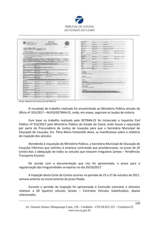 Fonte: Relatório de Vistoria do DETRAN-CE
O resultado do trabalho realizado foi encaminhado ao Ministério Público através do
Ofício nº 355/2017 – NUFIS/DETRAN-CE, onde, em anexo, seguiram os laudos de vistoria.
Com base no trabalho realizado pelo DETRAN-CE foi instaurado o Inquérito Civil
Público nº 012/2017 pelo Ministério Público do Estado do Ceará, onde houve a requisição
por parte da Procuradoria de Justiça de Irauçuba para que a Secretária Municipal de
Educação de Irauçuba, Sra. Tânia Maria Fontenelle Alves, se manifestasse sobre o relatório
de inspeção dos veículos.
Atendendo à requisição do Ministério Público, a Secretária Municipal de Educação de
Irauçuba informou que solicitou à empresa contratada que providenciasse, no prazo de 20
(vinte) dias a adequação de todos os veículos que estavam irregulares (anexo – Pendências
Transporte Escolar).
De acordo com a documentação que nos foi apresentada, o prazo para a
regularização das irregularidades se expirou no dia 29/10/2017.
A Inspeção desta Corte de Contas ocorreu no período de 23 a 27 de outubro de 2017,
semana anterior ao encerramento do prazo fixado.
Durante o período da Inspeção foi apresentada à Comissão contratos e distratos
relativos a 04 (quatro) veículos (anexo – Contratos Veículos Substituídos), abaixo
relacionados.
132
Av. General Afonso Albuquerque Lima, 130 – Cambeba – CEP 60.822-325 – Fortaleza-CE
www.tce.ce.gov.br
 