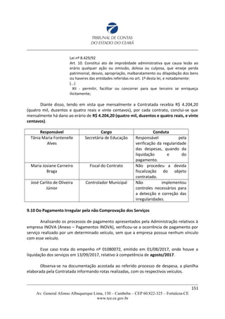 Lei nº 8.429/92
Art. 10. Constitui ato de improbidade administrativa que causa lesão ao
erário qualquer ação ou omissão, dolosa ou culposa, que enseje perda
patrimonial, desvio, apropriação, malbaratamento ou dilapidação dos bens
ou haveres das entidades referidas no art. 1º desta lei, e notadamente:
(...)
XII - permitir, facilitar ou concorrer para que terceiro se enriqueça
ilicitamente;
Diante disso, tendo em vista que mensalmente a Contratada recebia R$ 4.204,20
(quatro mil, duzentos e quatro reais e vinte centavos), por cada contrato, conclui-se que
mensalmente há dano ao erário de R$ 4.204,20 (quatro mil, duzentos e quatro reais, e vinte
centavos).
Responsável Cargo Conduta
Tânia Maria Fontenelle
Alves
Secretária de Educação Responsável pela
verificação da regularidade
das despesas, quando da
liquidação e do
pagamento.
Maria Josiane Carneiro
Braga
Fiscal do Contrato Não procedeu a devida
fiscalização do objeto
contratado.
José Carlito de Oliveira
Júnior
Controlador Municipal Não implementou
controles necessários para
a detecção e correção das
irregularidades.
9.10 Do Pagamento Irregular pela não Comprovação dos Serviços
Analisando os processos de pagamento apresentados pela Administração relativos à
empresa INOVA (Anexo – Pagamentos INOVA), verificou-se a ocorrência de pagamento por
serviço realizado por um determinado veículo, sem que a empresa possua nenhum vínculo
com esse veículo.
Esse caso trata do empenho nº 01080072, emitido em 01/08/2017, onde houve a
liquidação dos serviços em 13/09/2017, relativo à competência de agosto/2017.
Observa-se na documentação acostada ao referido processo de despesa, a planilha
elaborada pela Contratada informando rotas realizadas, com os respectivos veículos.
151
Av. General Afonso Albuquerque Lima, 130 – Cambeba – CEP 60.822-325 – Fortaleza-CE
www.tce.ce.gov.br
 