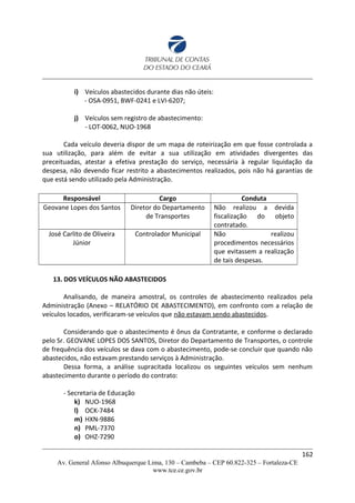i) Veículos abastecidos durante dias não úteis:
- OSA-0951, BWF-0241 e LVI-6207;
j) Veículos sem registro de abastecimento:
- LOT-0062, NUO-1968
Cada veículo deveria dispor de um mapa de roteirização em que fosse controlada a
sua utilização, para além de evitar a sua utilização em atividades divergentes das
preceituadas, atestar a efetiva prestação do serviço, necessária à regular liquidação da
despesa, não devendo ficar restrito a abastecimentos realizados, pois não há garantias de
que está sendo utilizado pela Administração.
Responsável Cargo Conduta
Geovane Lopes dos Santos Diretor do Departamento
de Transportes
Não realizou a devida
fiscalização do objeto
contratado.
José Carlito de Oliveira
Júnior
Controlador Municipal Não realizou
procedimentos necessários
que evitassem a realização
de tais despesas.
13. DOS VEÍCULOS NÃO ABASTECIDOS
Analisando, de maneira amostral, os controles de abastecimento realizados pela
Administração (Anexo – RELATÓRIO DE ABASTECIMENTO), em confronto com a relação de
veículos locados, verificaram-se veículos que não estavam sendo abastecidos.
Considerando que o abastecimento é ônus da Contratante, e conforme o declarado
pelo Sr. GEOVANE LOPES DOS SANTOS, Diretor do Departamento de Transportes, o controle
de frequência dos veículos se dava com o abastecimento, pode-se concluir que quando não
abastecidos, não estavam prestando serviços à Administração.
Dessa forma, a análise supracitada localizou os seguintes veículos sem nenhum
abastecimento durante o período do contrato:
- Secretaria de Educação
k) NUO-1968
l) OCK-7484
m) HXN-9886
n) PML-7370
o) OHZ-7290
162
Av. General Afonso Albuquerque Lima, 130 – Cambeba – CEP 60.822-325 – Fortaleza-CE
www.tce.ce.gov.br
 