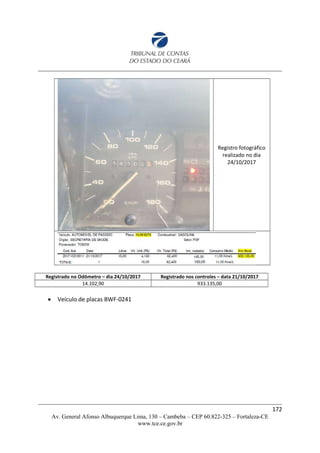 Registro fotográfico
realizado no dia
24/10/2017
Registrado no Odômetro – dia 24/10/2017 Registrado nos controles – data 21/10/2017
14.102,90 933.135,00
 Veículo de placas BWF-0241
172
Av. General Afonso Albuquerque Lima, 130 – Cambeba – CEP 60.822-325 – Fortaleza-CE
www.tce.ce.gov.br
 