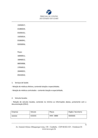 15050017;
01080029;
01030161;
15050014;
01060041;
02050056;
Peças:
18040011;
18040012;
08050008;
17050012;
26040025;
05010010;
1. Serviços de Saúde:
- Relação de médicos efetivos, contendo lotação e especialidade;
- Relação de médicos contratados - contendo lotação e especialidade;
2. Veículos locados
- Relação de veículos locados, contendo no mínimo as informações abaixo, juntamente com a
documentação (CRLV):
Empresa Veículo Placas Orgão / Secretaria
xxxxxxx CCCCCC HHH - 0000 SSSSSSSS
5
Av. General Afonso Albuquerque Lima, 130 – Cambeba – CEP 60.822-325 – Fortaleza-CE
www.tce.ce.gov.br
 