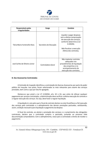 Responsáveis pelas
irregularidades
Cargo Conduta
Tânia Maria Fontenelle Alves Secretária de Educação
Liquidar e pagar despesas
sem a efetiva comprovação
de execução dos serviços,
conforme determina a Lei
4.320/64;
Não fiscalizar a execução
efetiva dos contratos;
José Carlito de Oliveira Júnior
Controladora Geral
Não implantar controles
adequados nos
procedimentos de liquidação
dos empenhos e no
acompanhamento da
execução dos contratos;
8. Das Assessorias Contratadas
A Comissão de Inspeção identificou a contratação de diversas Assessorias por parte do poder
público de Irauçuba. Isso posto, foram selecionadas as mais relevantes para exame dos serviços
prestados, bem como o que por elas foi agregado.
Destaca-se que prevê a Lei nº 4.320/64, arts. 62 e 63, que antes de efetuar qualquer
pagamento por serviços contratados, a Administração deve verificar a efetiva execução do contrato e
a regular execução dos serviços. Ou seja, deve haver a regular liquidação.
A liquidação é o ato pelo qual o fiscal do contrato declara na nota fiscal/fatura a fiel execução
dos serviços pela contratada e o adimplemento das demais prestações pactuadas, satisfazendo,
assim, condição necessária para liquidação e pagamento da despesa.
O fiscal do contrato, ao atestar a prestação dos serviços e o cumprimento das obrigações
contratuais, declara que a contratada cumpriu o pactuado, juntando ao processo toda
documentação comprobatória. Com o adimplemento, nasce para a contratada o direito de receber o
pagamento.
82
Av. General Afonso Albuquerque Lima, 130 – Cambeba – CEP 60.822-325 – Fortaleza-CE
www.tce.ce.gov.br
 