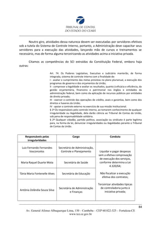 Noutro giro, atividades dessa natureza devem ser executadas por servidores efetivos
sob a tutela do Sistema de Controle Interno, portanto, a Administração deve capacitar seus
servidores para a execução das atividades, lançando mão de cursos e treinamentos se
necessário, mas de forma alguma terceirizando as atividades acima a iniciativa privada.
Citamos as competências do SCI extraídas da Constituição Federal, embora haja
outras:
Art. 74. Os Poderes Legislativo, Executivo e Judiciário manterão, de forma
integrada, sistema de controle interno com a finalidade de:
I - avaliar o cumprimento das metas previstas no plano plurianual, a execução dos
programas de governo e dos orçamentos da União;
II - comprovar a legalidade e avaliar os resultados, quanto à eficácia e eficiência, da
gestão orçamentária, financeira e patrimonial nos órgãos e entidades da
administração federal, bem como da aplicação de recursos públicos por entidades
de direito privado;
III - exercer o controle das operações de crédito, avais e garantias, bem como dos
direitos e haveres da União;
IV - apoiar o controle externo no exercício de sua missão institucional.
§ 1º Os responsáveis pelo controle interno, ao tomarem conhecimento de qualquer
irregularidade ou ilegalidade, dela darão ciência ao Tribunal de Contas da União,
sob pena de responsabilidade solidária.
§ 2º Qualquer cidadão, partido político, associação ou sindicato é parte legítima
para, na forma da lei, denunciar irregularidades ou ilegalidades perante o Tribunal
de Contas da União.
Responsáveis pelas
irregularidades
Cargo Conduta
Luiz Fernando Fernandes
Vasconcelos
Secretário de Administração,
Controle e Planejamento Liquidar e pagar despesas
sem a efetiva comprovação
de execução dos serviços,
conforme determina a Lei
4.320/64;
Não fiscalizar a execução
efetiva dos contratos;
Terceirizar atividades típicas
de controladoria junto à
iniciativa privada;
Maria Raquel Duarte Mota Secretária de Saúde
Tânia Maria Fontenelle Alves Secretária de Educação
Antônia Zelândia Souza Silva
Secretária de Administração
e Finanças
84
Av. General Afonso Albuquerque Lima, 130 – Cambeba – CEP 60.822-325 – Fortaleza-CE
www.tce.ce.gov.br
 