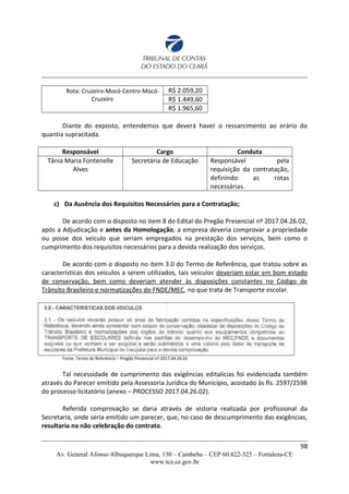 Rota: Cruzeiro-Mocó-Centro-Mocó-
Cruzeiro
R$ 2.059,20
R$ 1.449,60
R$ 1.965,60
Diante do exposto, entendemos que deverá haver o ressarcimento ao erário da
quantia supracitada.
Responsável Cargo Conduta
Tânia Maria Fontenelle
Alves
Secretária de Educação Responsável pela
requisição da contratação,
definindo as rotas
necessárias.
c) Da Ausência dos Requisitos Necessários para a Contratação;
De acordo com o disposto no item 8 do Edital do Pregão Presencial nº 2017.04.26.02,
após a Adjudicação e antes da Homologação, a empresa deveria comprovar a propriedade
ou posse dos veículo que seriam empregados na prestação dos serviços, bem como o
cumprimento dos requisitos necessários para a devida realização dos serviços.
De acordo com o disposto no item 3.0 do Termo de Referência, que tratou sobre as
características dos veículos a serem utilizados, tais veículos deveriam estar em bom estado
de conservação, bem como deveriam atender às disposições constantes no Código de
Trânsito Brasileiro e normatizações do FNDE/MEC, no que trata de Transporte escolar.
Fonte: Termo de Referência – Pregão Presencial nº 2017.04.26.02
Tal necessidade de cumprimento das exigências editalícias foi evidenciada também
através do Parecer emitido pela Assessoria Jurídica do Município, acostado às fls. 2597/2598
do processo licitatório (anexo – PROCESSO 2017.04.26.02).
Referida comprovação se daria através de vistoria realizada por profissional da
Secretaria, onde seria emitido um parecer, que, no caso de descumprimento das exigências,
resultaria na não celebração do contrato.
98
Av. General Afonso Albuquerque Lima, 130 – Cambeba – CEP 60.822-325 – Fortaleza-CE
www.tce.ce.gov.br
 