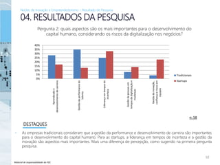 Material de responsabilidade da FDC
• As empresas tradicionais consideram que a gestão da performance e desenvolvimento de carreira são importantes
para o desenvolvimento do capital humano. Para as startups, a liderança em tempos de incerteza e a gestão da
inovação são aspectos mais importantes. Mais uma diferença de percepção, como sugerido na primeira pergunta
pesquisa.
10
04. RESULTADOS DA PESQUISA
DESTAQUES
Pergunta 2: quais aspectos são os mais importantes para o desenvolvimento do
capital humano, considerando os riscos da digitalização nos negócios?
n: 58
Núcleo de Inovação e Empreendedorismo – Resultado de Pesquisa
0%
5%
10%
15%
20%
25%
30%
35%
40%
Aprendizadoe
desenvolvimentodecarreira
Gestãodaperformancedo
talento
Liderançaemtemposde
incerteza
Gestãodepessoasem
temposdadigitalizaçãoe
mudanças
Gestãodainovação,
confiançaeriscosem
equipes
Tradicionais
Startups
 