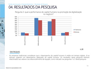 Material de responsabilidade da FDC
• As empresas tradicionais consideram que o desempenho do capital humano é médio em tempos digitais. Já as
startups sugerem um desempenho adequado do capital humano. Os resultados desta pergunta estariam
relacionados aos valores e ao desenvolvimento de equipes, como indicado nas perguntas 1 e 2 desta pesquisa.
11
04. RESULTADOS DA PESQUISA
DESTAQUES
Pergunta 3: qual a performance do capital humano na promoção da digitalização
no negócio?
n: 58
Núcleo de Inovação e Empreendedorismo – Resultado de Pesquisa
0%
5%
10%
15%
20%
25%
30%
35%
40%
45%
50%
Baixaperformance
Médiaperformance
Adequado
Altaperformance
Tradicionais
Startups
 