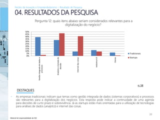 Material de responsabilidade da FDC
• As empresas tradicionais indicam que temas como gestão integrada de dados (sistemas corporativos) e processos
são relevantes para a digitalização dos negócios. Esta resposta pode indicar a continuidade de uma agenda
para decisões de curto prazo e sobrevivência. Já as startups estão mais orientadas para a utilização de tecnologias
para análises de dados (analytics) e internet das coisas.
20
04. RESULTADOS DA PESQUISA
DESTAQUES
Pergunta 12: quais itens abaixo seriam considerados relevantes para a
digitalização do negócio?
n: 58
Núcleo de Inovação e Empreendedorismo – Resultado de Pesquisa
0%
5%
10%
15%
20%
25%
30%
35%
40%
45%
50%
Gestãointegradadedadose
processos
Analyticsetomadade
decisão
Internetdascoisas
Indústria4.0
Outras
Tradicionais
Startups
 