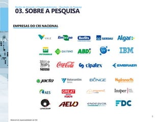 Material de responsabilidade da FDC
EMPRESAS DO CRI NACIONAL
8
03. SOBRE A PESQUISA
Núcleo de Inovação e Empreendedorismo – Resultado de Pesquisa
 