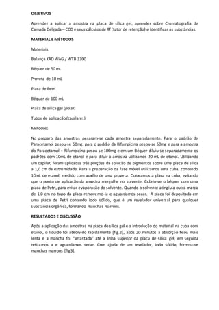 OBJETIVOS
Aprender a aplicar a amostra na placa de sílica gel, aprender sobre Cromatografia de
Camada Delgada – CCD e seus cálculos de Rf (fator de retenção) e identificar as substâncias.
MATERIAL E MÉTODOS
Materiais:
Balança KAD WAG / WTB 3200
Béquer de 50 mL
Proveta de 10 mL
Placa de Petri
Béquer de 100 mL
Placa de sílica gel (polar)
Tubos de aplicação (capilares)
Métodos:
No preparo das amostras pesaram-se cada amostra separadamente. Para o padrão de
Paracetamol pesou-se 50mg, para o padrão da Rifampicina pesou-se 50mg e para a amostra
do Paracetamol + Rifampicina pesou-se 100mg e em um Béquer diluiu-se separadamente os
padrões com 10mL de etanol e para diluir a amostra utilizamos 20 mL de etanol. Utilizando
um capilar, foram aplicadas três porções da solução de pigmentos sobre uma placa de sílica
a 1,0 cm da extremidade. Para a preparação da fase móvel utilizamos uma cuba, contendo
10mL de etanol, medido com auxílio de uma proveta. Colocamos a placa na cuba, evitando
que o ponto de aplicação da amostra mergulhe no solvente. Cobriu-se o béquer com uma
placa de Petri, para evitar evaporação do solvente. Quando o solvente atingiu a outra marca
de 1,0 cm no topo da placa removemo-la e aguardamos secar. A placa foi depositada em
uma placa de Petri contendo iodo sólido, que é um revelador universal para qualquer
substancia orgânica, formando manchas marrons.
RESULTADOS E DISCUSSÃO
Após a aplicação das amostras na placa de sílica gel e a introdução do material na cuba com
etanol, o líquido foi absorvido rapidamente [fig.2], após 20 minutos a absorção ficou mais
lenta e a mancha foi “arrastada” até a linha superior da placa de sílica gel, em seguida
retiramos a e aguardamos secar. Com ajuda de um revelador, iodo sólido, formou-se
manchas marrons [fig3].
 