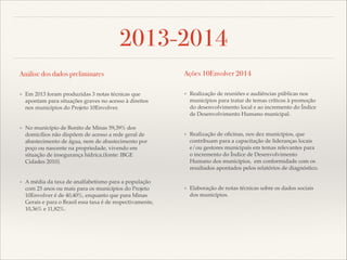 2013-2014
Análise dos dados preliminares

Ações 10Envolver 2014

!

!

❖

Em 2013 foram produzidas 3 notas técnicas que
apontam para situações graves no acesso à direitos
nos municípios do Projeto 10Envolver.!

❖

!
❖

No município de Bonito de Minas 59,39% dos
domicílios não dispõem de acesso a rede geral de
abastecimento de água, nem de abastecimento por
poço ou nascente na propriedade, vivendo em
situação de insegurança hídrica.(fonte: IBGE
Cidades 2010).!

!
❖

!
!
!

A média da taxa de analfabetismo para a população
com 25 anos ou mais para os municípios do Projeto
10Envolver é de 40,40%, enquanto que para Minas
Gerais e para o Brasil essa taxa é de respectivamente,
10,36% e 11,82%.!

Realização de reuniões e audiências públicas nos
municípios para tratar de temas críticos à promoção
do desenvolvimento local e ao incremento do Índice
de Desenvolvimento Humano municipal.!

!
❖

Realização de oﬁcinas, nos dez municípios, que
contribuam para a capacitação de lideranças locais
e/ou gestores municipais em temas relevantes para
o incremento do Índice de Desenvolvimento
Humano dos municípios, em conformidade com os
resultados apontados pelos relatórios de diagnóstico.!

!
❖

!
!

Elaboração de notas técnicas sobre os dados sociais
dos municípios.!

 
