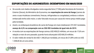 PÁGINA 7
ÍNDICE
EXPORTAÇÕES DO AGRONEGÓCIO: DESEMPENHO EM MAIO/2020
➔ De acordo com dados divulgados nesta segunda-feira (1º/06) pela Secretaria de Comércio
Exterior (Secex), do Ministério da Economia, nas exportações de carne de frango (carnes de
aves e suas miudezas comestíveis, frescas, refrigeradas ou congeladas), embora o volume
embarcado tenha sido maior, o valor faturado recuou por causa do menor preço médio pago
pela tonelada.
➔ Assim, os embarques brasileiros de carne de frango em maio totalizaram 372.501 toneladas,
avanço de 4,3% na comparação com as 356.995 toneladas de igual mês de 2019.
➔ A receita com as exportações de frango somou US$ 499,22 milhões, um recuo de 17,6% em
relação a maio do ano passado, quando havia alcançado US$ 606,33 milhões.
➔ O valor médio de venda foi de US$ 1.340,20 por tonelada, um recuo de 21,09% ante os US$
1.698,40 de um ano antes.
 