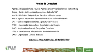 PÁGINA 9
Fontes de Consultas
ÍNDICE
Agências: Broadcast Agro, Reuters, Agência Brasil, Valor Econômico e Bloomberg
Cepea – Centro de Pesquisas Econômicas da Esalq/USP
MAPA – Ministério da Agricultura, Pecuária e Abastecimento
ANP – Agência Nacional do Petróleo, Gás Natural e Biocombustíveis
CNA – Confederação Nacional da Agricultura e Pecuária
ANEC – Associação Nacional dos Exportadores de Cereais
IBGE – Instituto Brasileiro de Geografia e Estatística
USDA – Departamento de Agricultura dos Estados Unidos
OMS – Organização Mundial da Saúde
Elaboração: COGO INTELIGÊNCIA EM AGRONEGÓCIO
 