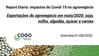 Report Diário: impactos do Covid-19 no agronegócio
Exportações do agronegócio em maio/2020: soja,
milho, algodão, açúcar e carnes
Overview 01/06/2020
 