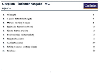 Sleep Inn- Pindamonhangaba - MG
Agenda
1.

Introdução

3

2.

A Cidade de Pindamonhangaba

4

3.

Mercado hoteleiro da cidade

5

4.

Localização do empreendimento

12

5.

Quadro de áreas proposto

13

6.

Desempenho do hotel em estudo

14

7.

Projeções financeiras

16

8.

Análises financeiras

39

9.

Cálculo do valor de venda da unidade

42

10.

Conclusão

48

2

 
